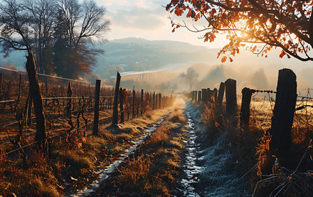 Foggy morning in the vineyards. Carpathians, Ukraineの素材