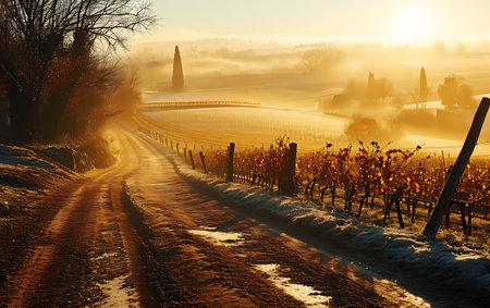 Foggy morning in the vineyard. Beautiful winter scenery.の素材