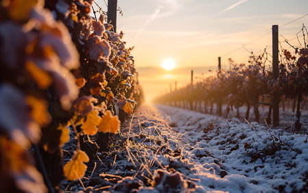 Vineyard in the winter at sunset with snow and sun raysの素材