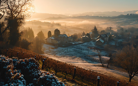 Beautiful winter sunrise in the vineyards of the Czech Republic.の素材