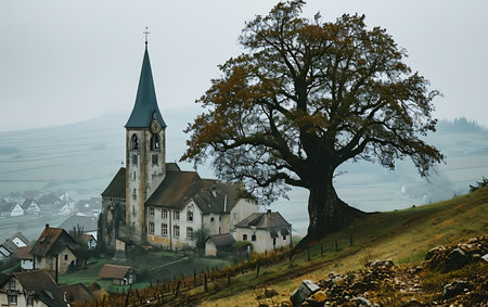 Village in the middle of a foggy valley with an old churchの素材
