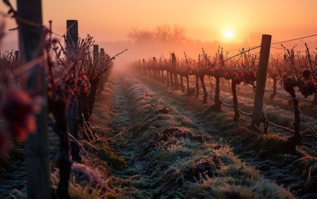 Sunrise over a vineyard in winter with a misty sunriseの素材