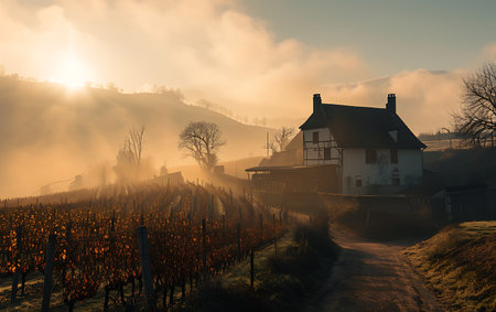 Sunrise over vineyards and village in the foggy morning.の素材
