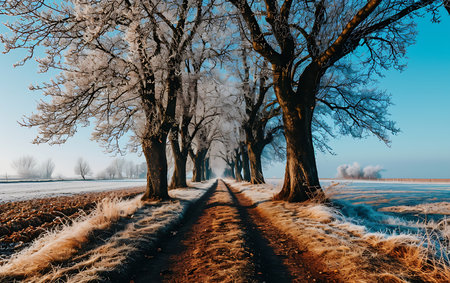 Beautiful winter landscape with road and trees in frosty morning.の素材