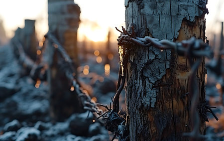 Barbed wire on the edge of a burnt field in winter.の素材