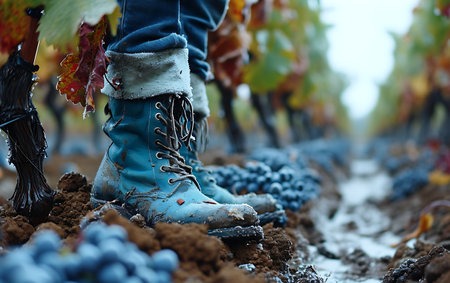 Vineyard in autumn. Close-up of a woman's boots on the background of grapes.の素材