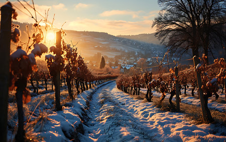 Vineyard in winter in the sunset light. Rows of vineyards in the countryside.の素材