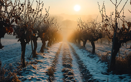Winter vineyard at sunset. Beautiful winter landscape in vineyard.の素材
