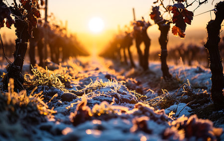 Vineyards in the winter at sunset. Beautiful winter scenery.の素材