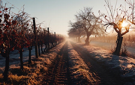 Frosty morning in the vineyard. Sunlight through the trees.の素材