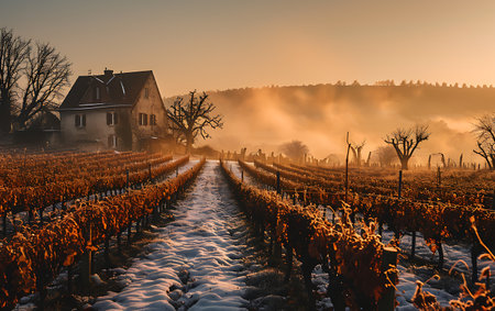 Vineyard in winter at sunrise with snow and fog in the backgroundの素材