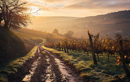 Vineyard at sunset. Autumn landscape with vineyards and roadの素材