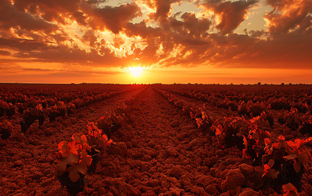 Vineyard at sunset. 3d render of a vineyard at sunset.の素材