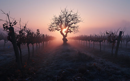 Sunrise over vineyard in winter with fog, 3d renderの素材