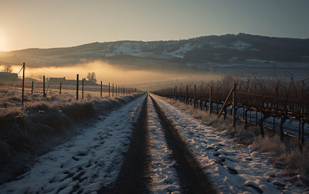 Sunrise in the winter vineyard, Czech Republic, Europe.の素材