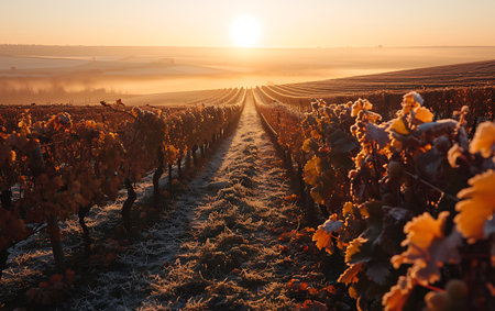 Vineyards in the countryside at sunrise in autumn. Ripe grapes on a vineyard in the fall.の素材