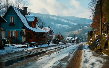 Winter landscape with snow-covered road and houses in the village.の素材