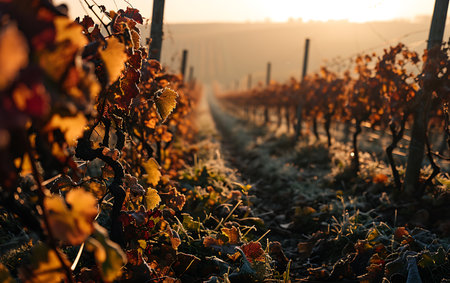 Vineyards in the countryside at sunrise. Vineyards in autumnの素材