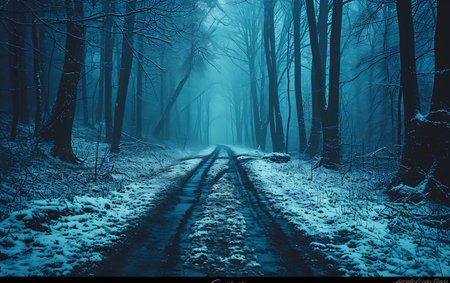 Winter road in the forest with trees and fog in the background.の素材