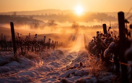 Frosted vineyards in winter at sunrise. Tuscany, Italyの素材