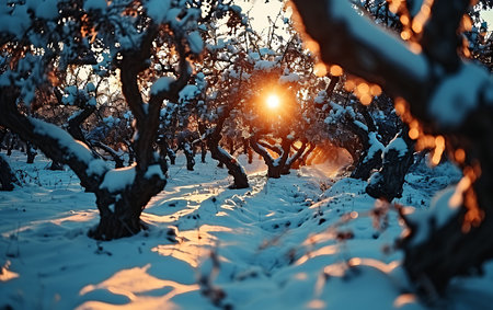 Apple orchard in the snow at sunset. Beautiful winter scenery.の素材