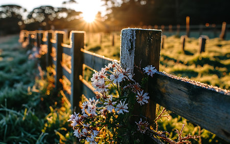 Frosted wooden fence in the field at sunset. Beautiful winter scenery.の素材