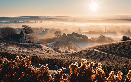 Sunrise over the vineyards of the Czech Republic. Beautiful winter scenery.の素材