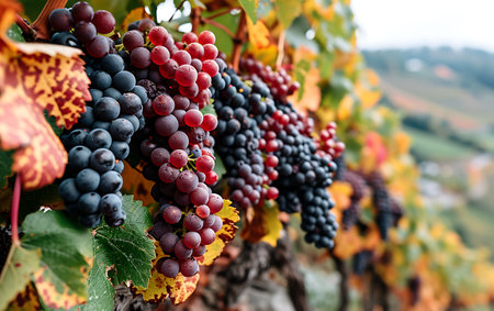 Bunches of red and black grapes on vineyards in autumnの素材