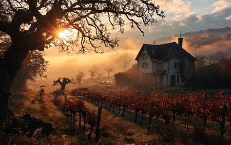 Vineyard in the morning mist. Vineyards in autumn.の素材