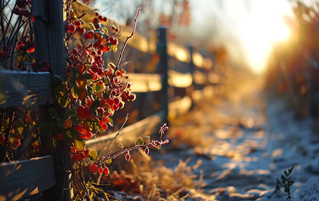 Fence with red berries on a frosty winter day in the sunlightの素材