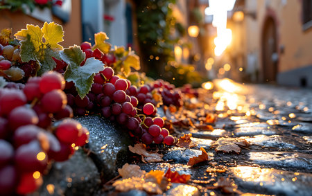 Grapes on a cobblestone road in the old town.の素材