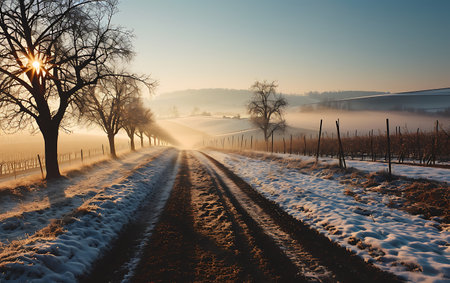 Country road in winter with fog and trees at sunrise, Czech Republicの素材