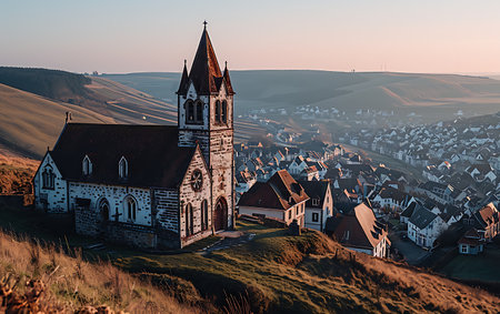 Small church in the middle of a village in the mountains at sunsetの素材