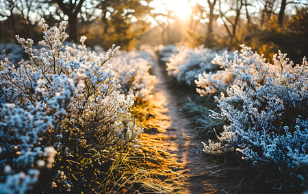 Beautiful winter landscape with frosted grass and blue sky in sunsetの素材