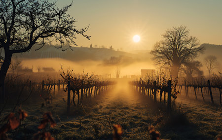 Vineyard in the morning fog with sun in the background.の素材