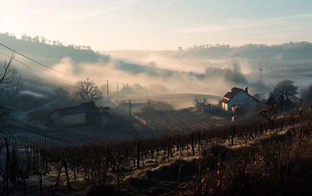 Morning fog in the vineyards of Friuli Venezia-Giuliaの素材