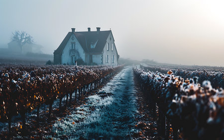 Rows of vineyards in winter at sunrise with fog in the backgroundの素材