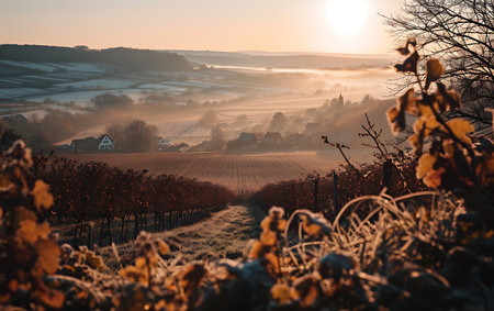 Sunrise over a vineyard in winter with a misty morningの素材
