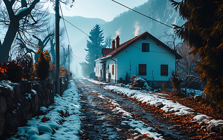 Village in the mountains. Winter landscape with old house and road.の素材