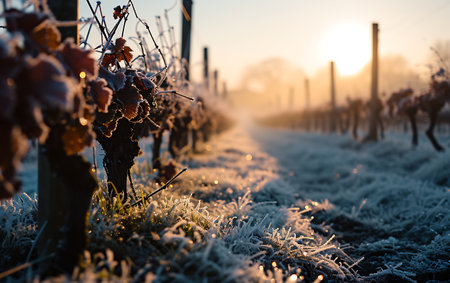 Frosted vineyard in winter at sunrise. Bordeaux, Franceの素材