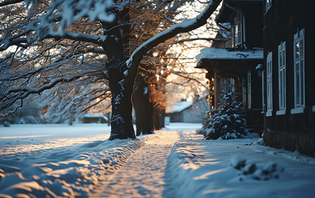 Winter landscape with snow covered trees and old wooden house at sunset.の素材