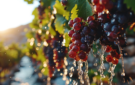 Ripe grapes in vineyard at sunset, close-up viewの素材