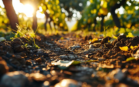 Rows of vineyards in the countryside at sunset. Vineyards in autumnの素材