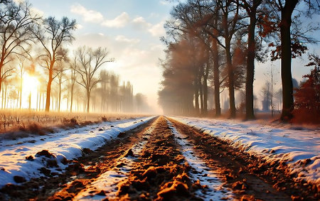 Country road through the forest in winter at sunset. Beautiful winter scenery.の素材