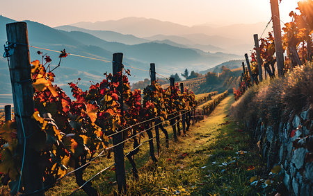 Vineyards at sunset in autumn. Rows of vineyards in the countrysideの素材