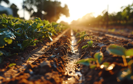Agricultural field with seedlings in the morning light. Close-up.の素材