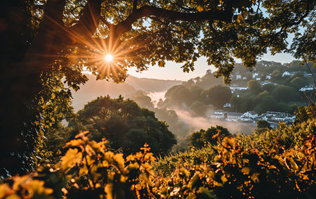 Sunrise over the misty morning at tea plantation in Sri Lanka