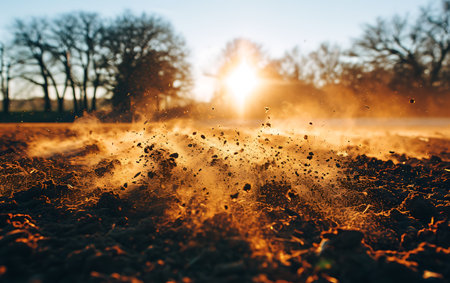 Farmer working on a plowed agricultural field at sunset or sunriseの素材