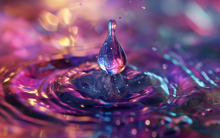 Falling drops of water. Splash effect after collision a falling drops with water Surfaceの素材