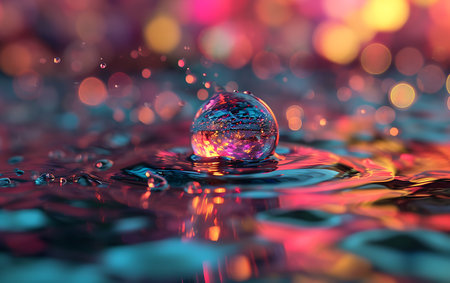 Water drop with colorful bokeh background. Water drops on water surface.の素材